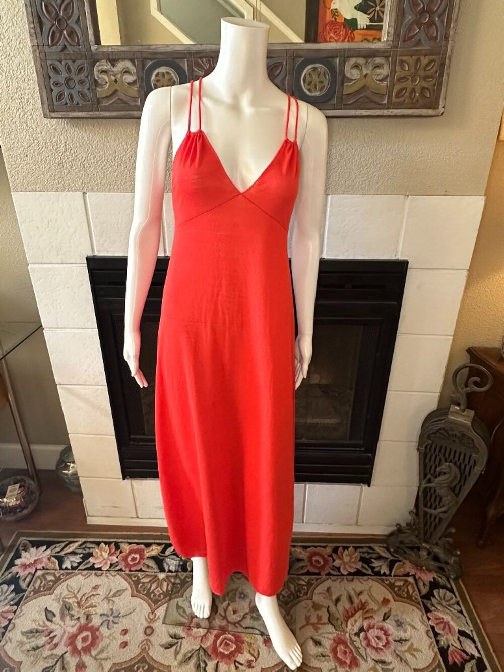 Vtg Vanity Fair Red Maxi criss cross Nightgown Slip Dress SML Dacron